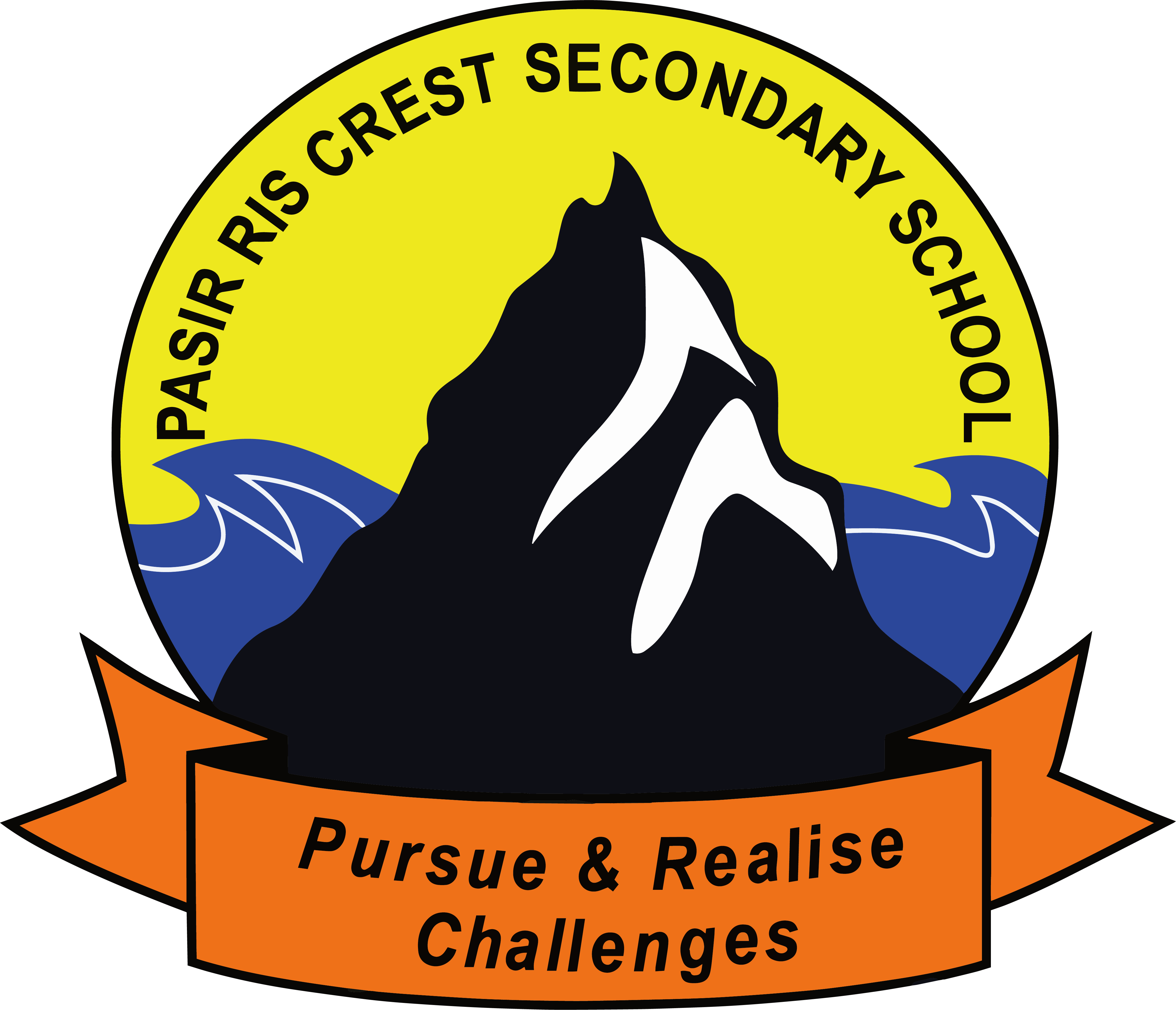 Pasir Ris Crest Secondary School badge with a mountain, blue waves, yellow circle, and orange banner reading Pursue and Realise Challenges.